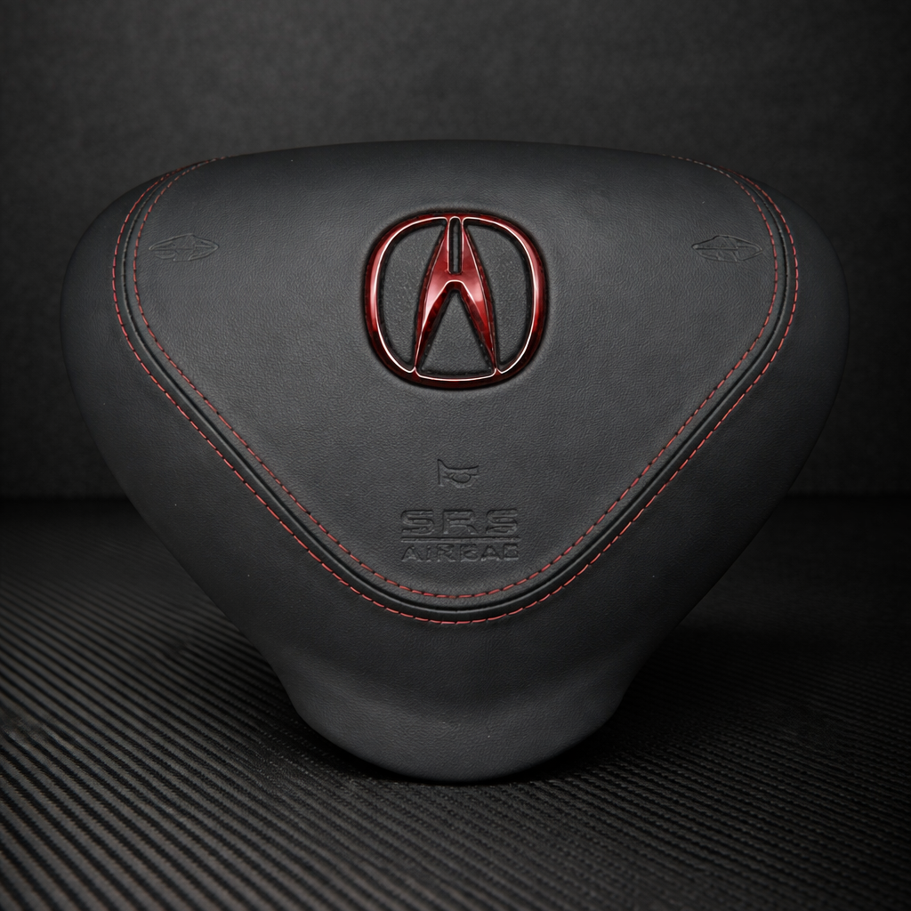 Black car headrest with Acura logo on a dark background